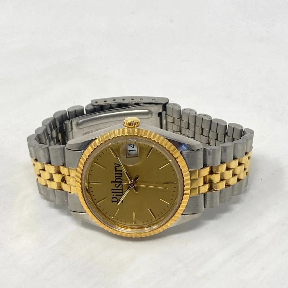 Pillsbury Watch Men 35mm Silver Gold Two Tone Date Bubble Round New Battery 7